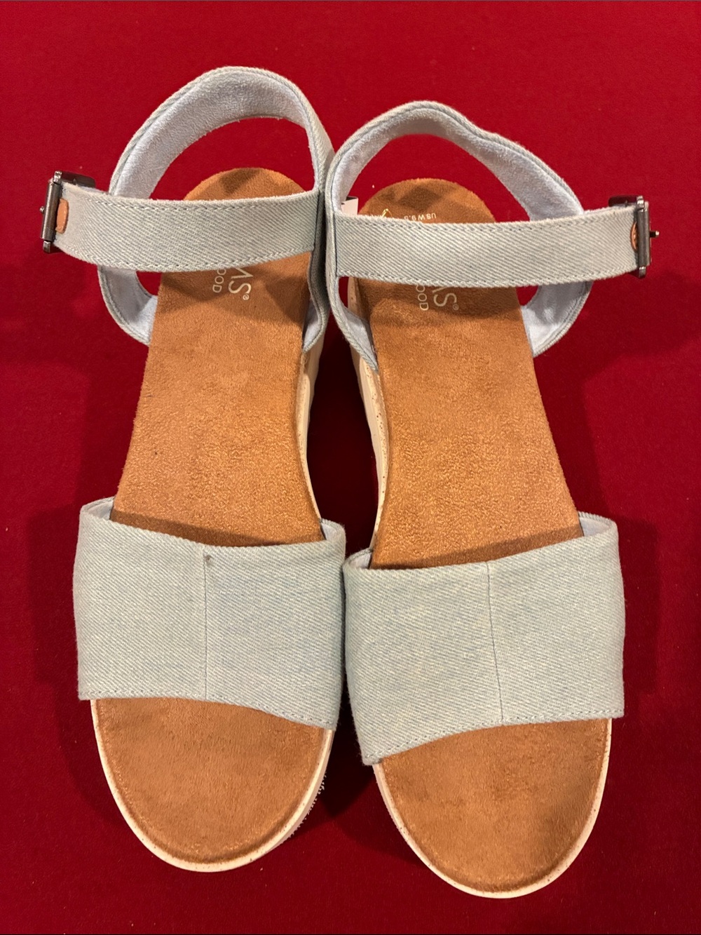 Toms Light Blue Canvas Ankle-Strap Sandals with Tan Footbed